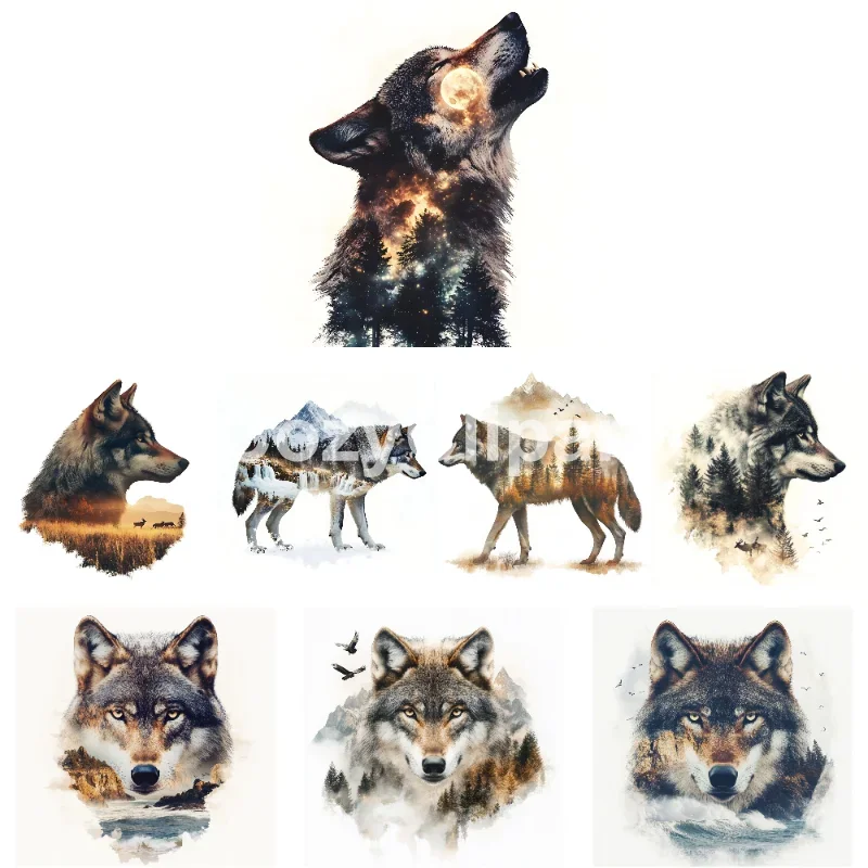 9 Wolf Double Exposure Watercolor Clipart – Nature Silhouette Art